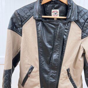 American Culture Women's Faux Leather Moto Jacket Tan Black Quilted Biker Style